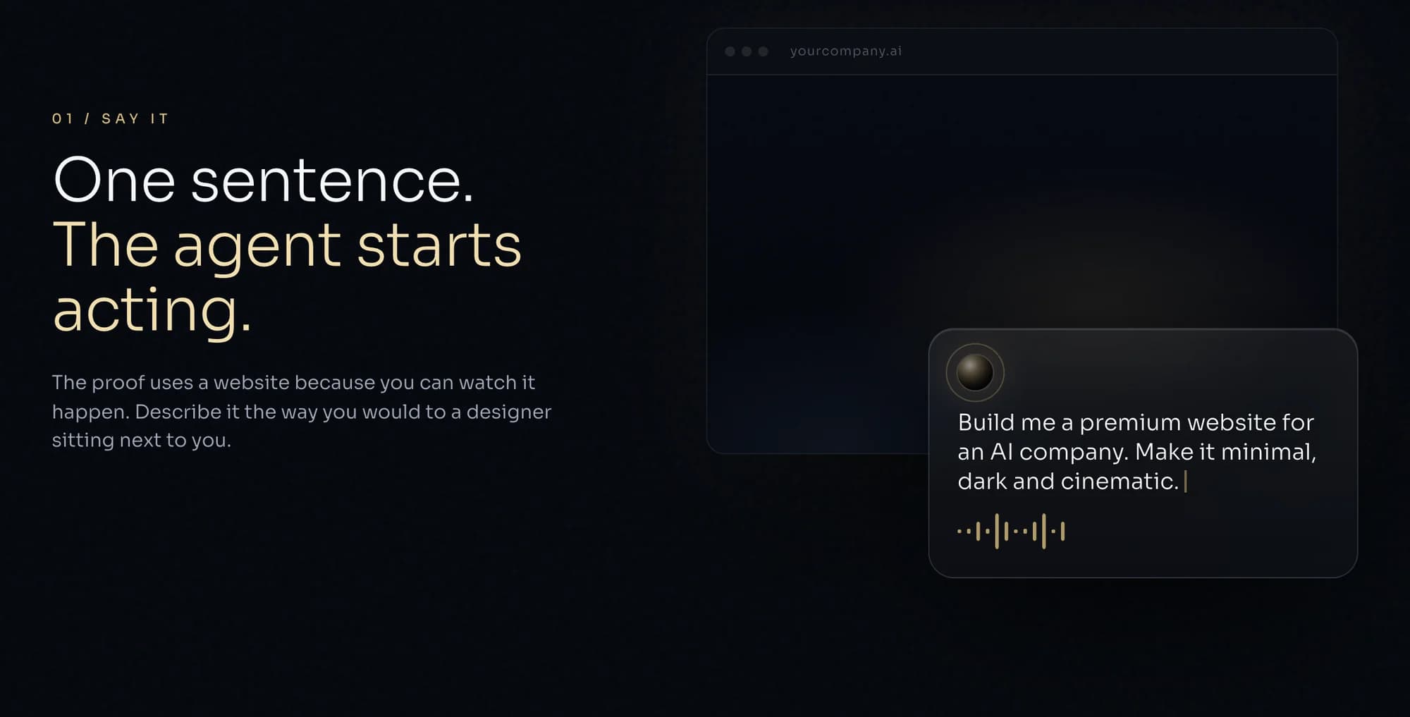 A spoken request to Compass: build me a premium website for an AI company.