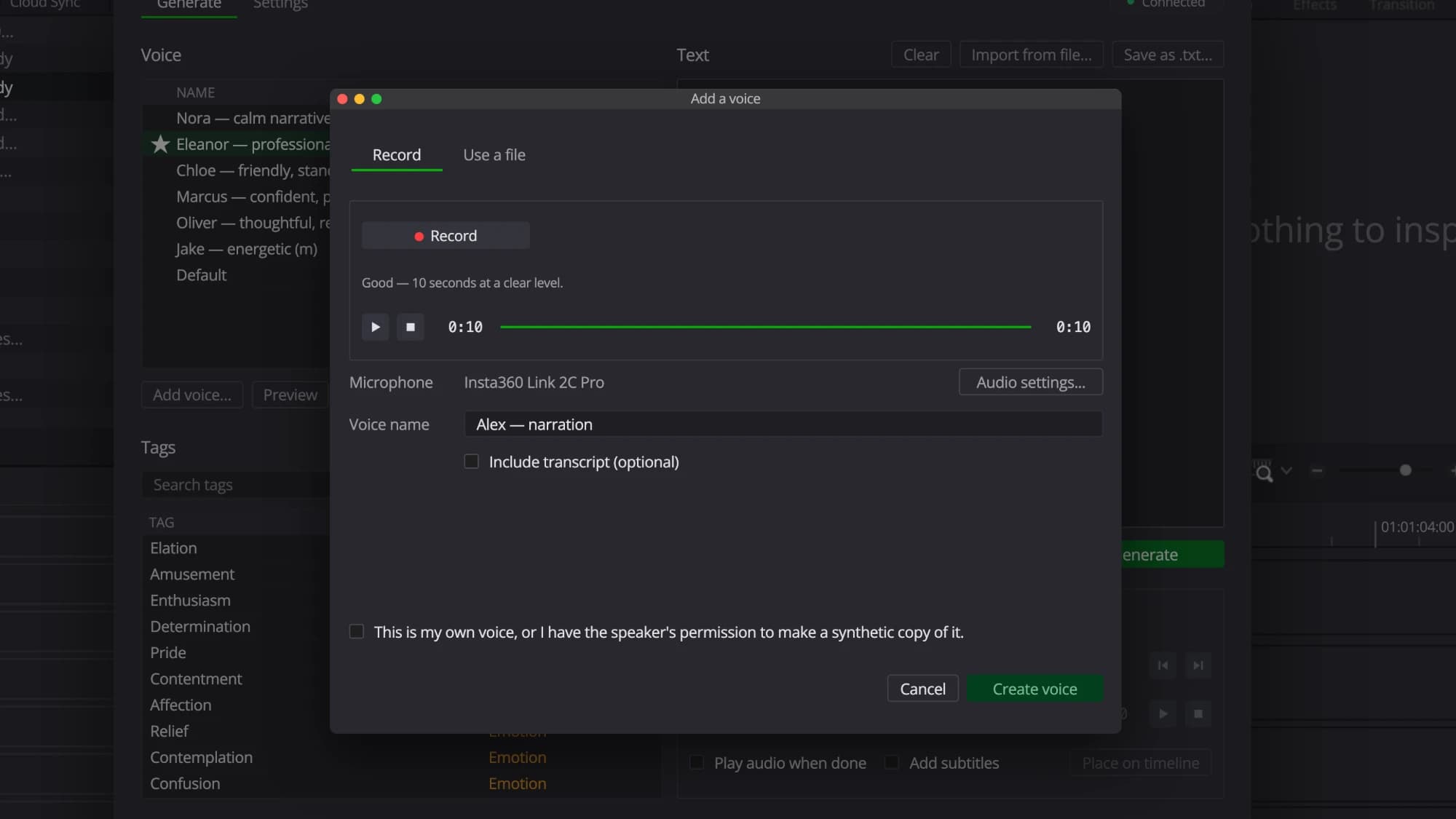 The Add a voice dialog after a ten-second recording at a clear level, named Alex — narration, with the speaker-permission confirmation
