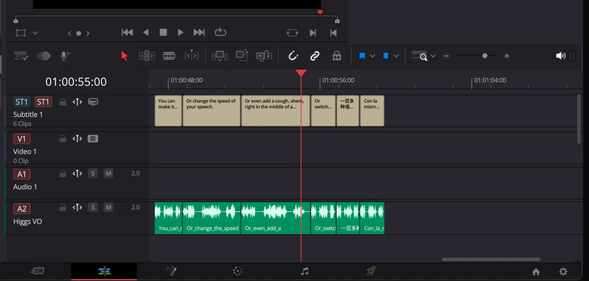 The DaVinci Resolve timeline: six voice-over clips on the Higgs VO track, each with a matching subtitle clip above it