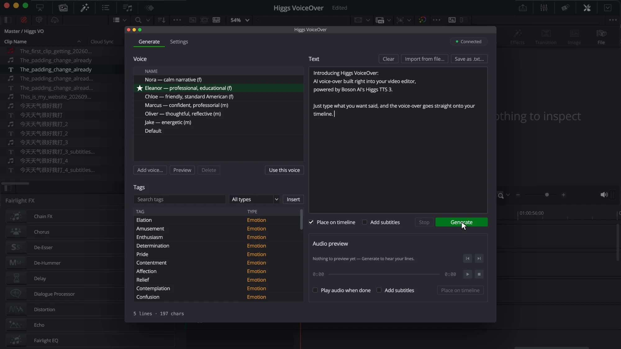 Higgs VoiceOver open over DaVinci Resolve, with the media pool and effects library behind it